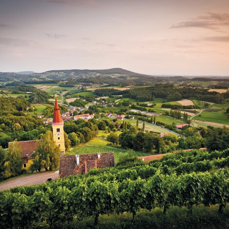 Blick auf die Pfarrkirche Kapfenstein und den Stradner Kogel | © Thermen- & Vulkanland | Werner Krug