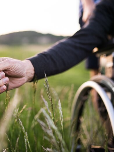 A hand of a senior man in wheelchair holding grass flower in nature. Close up. | ©Halfpoint - stock.adobe.com