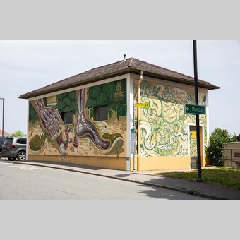 Spraykunstwerk von Cone und Nychos  beim Restaurant Pusswald in Hartberg | ©  Oststeiermark Tourismus | Rabbit Eye Movement