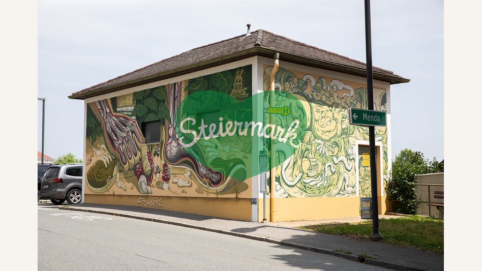 Spraykunstwerk von Cone und Nychos  beim Restaurant Pusswald in Hartberg | ©  Oststeiermark Tourismus | Rabbit Eye Movement