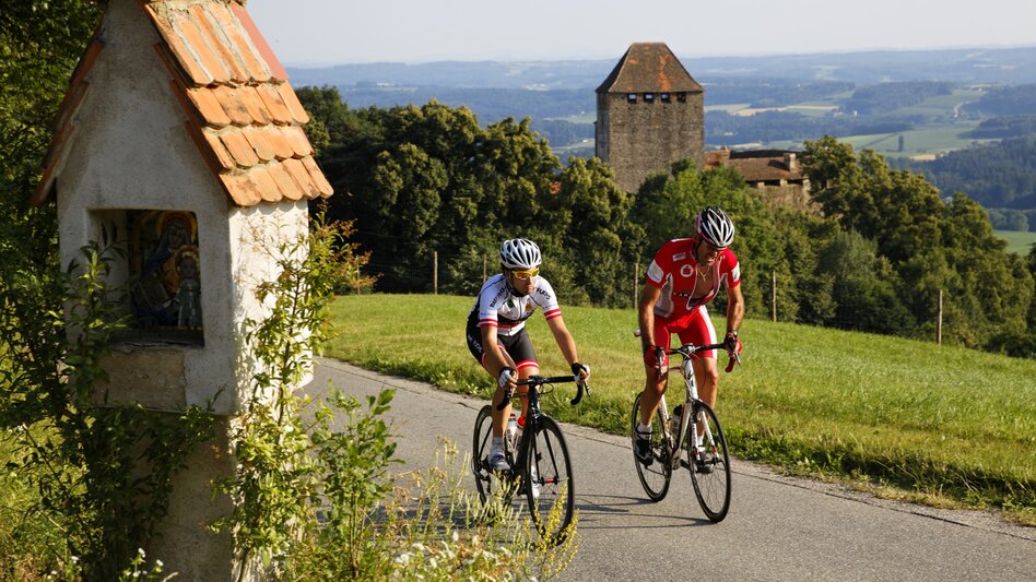 Cycling past Neuberg Castle in Eastern Styria | © TV Oststeiermark | Bernhard Bergmann