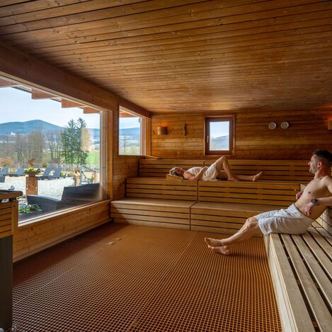 Saunabereich mit traumhafter Aussicht in den Naturpark Pöllauer Tal in der Oststeiermark | © TV Oststeiermark | Rene Strasser