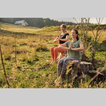 Yoga auf einer Wiese auf der Glatzl Trahütten Alm in St. Lorenzen in der Oststeiermark | ©  Oststeiermark Tourismus | Markus Lang-Bichl