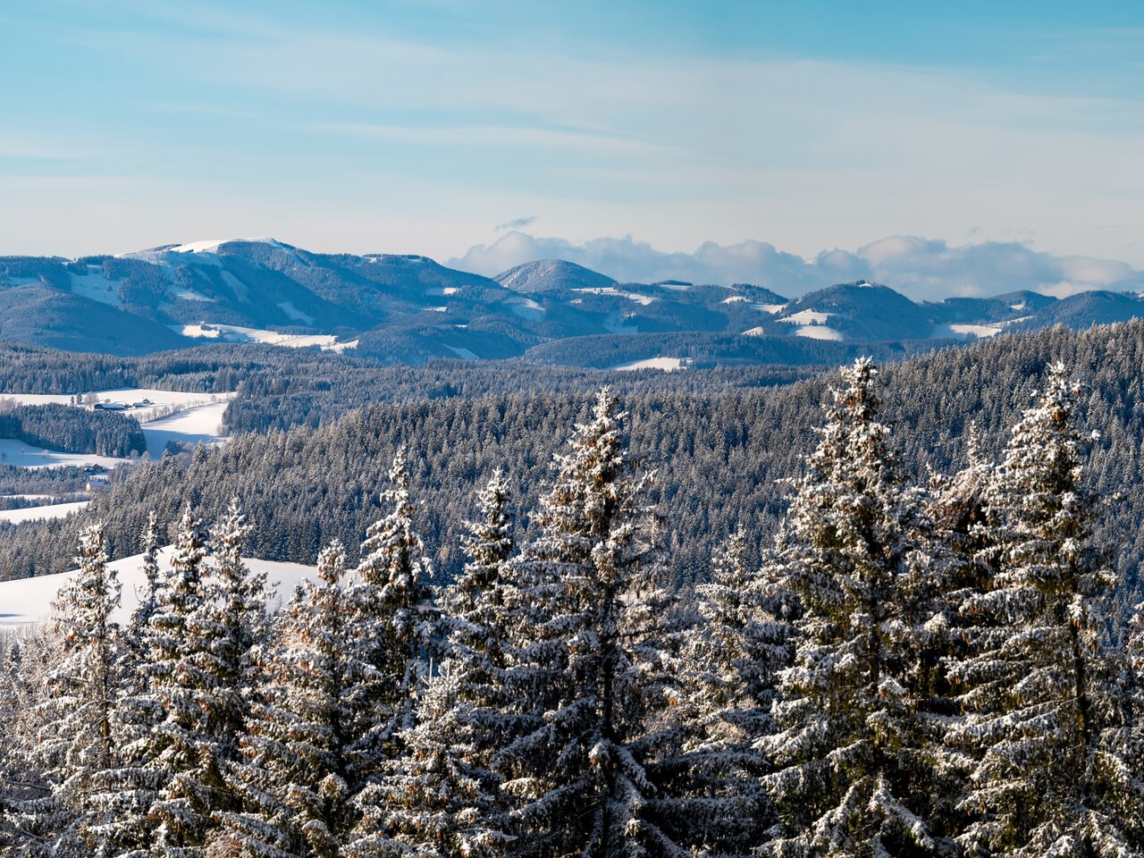 Winter landscape in Joglland with a view of the Teichalm-Sommeralm in the Almenland Nature Park | © 
Oststeiermark Tourismus | Kurt Elmleitner