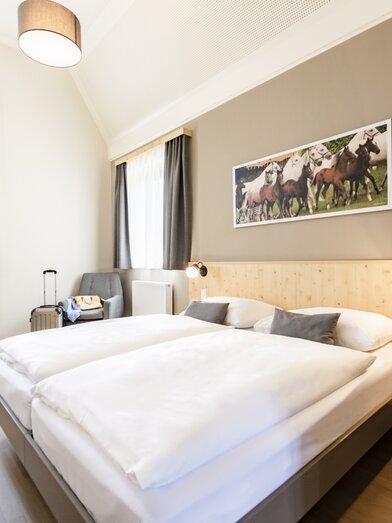 Doppelbett im Doppelzimmer im JUFA Hotel Maria Lankowitz mit Fernseher | © Lenz/JUFA Hotels | Günter Lenz