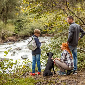 Familie mit Hundern Wandern am Wasser 