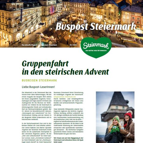 Titelseite der Buspost mit Angeboten für die Vorweihnachtszeit 2021 | © Busreisen Steiermark | © Busreisen Steiermark