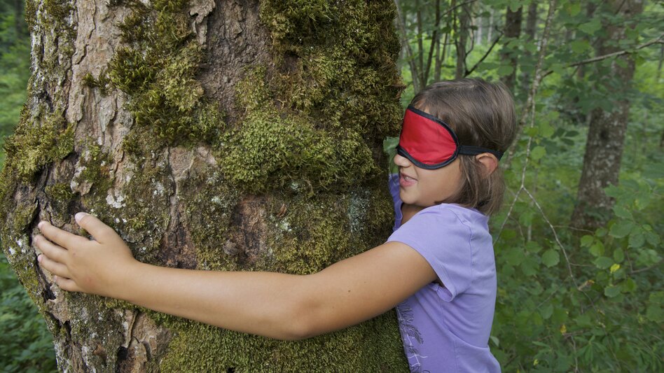 Nationalpark erfühlen - Mädchen umarmt Baum