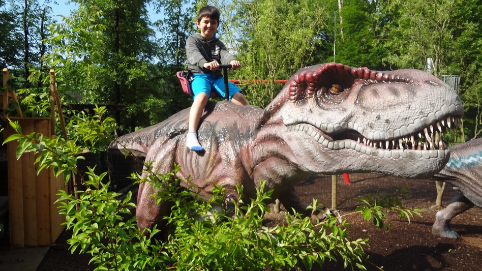 Junge auf T-Rex sitzend