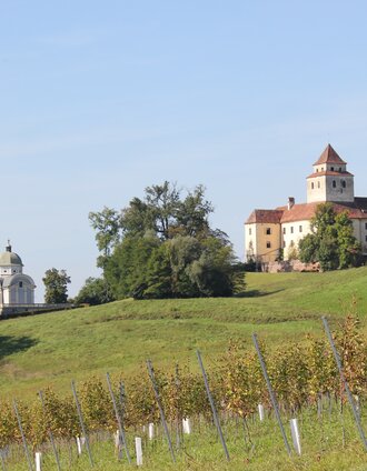 Blick vom Loisium auf Schloss und Mausoleum Ehrenhausen | Ulrike Elsneg | © TVB Südsteiermark/Ulrike Elsneg