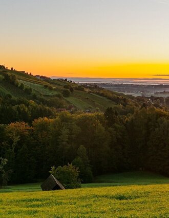 Sonnenuntergang mit Blick ins Schilcherland und die Weinberge | Foto Augenblick | © TVB Südsteiermark/Foto Augenblick