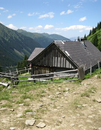 Die Mahdfeldalm liegt knapp über der Waldgrenze und bietet einen schönen Ausblick | © Fotograf: Volkhard Maier