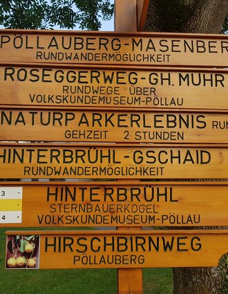Wegweiser Wanderwege im Schlosspark Pöllauer Tal in der Oststeiermark | WEGES | © Oststeiermark Tourismus