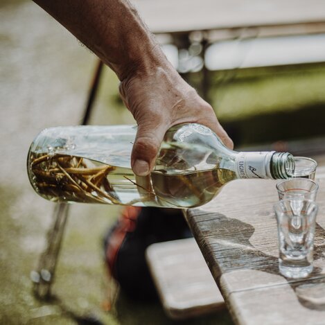 Enzianschnaps auf der Grundbauerhütte, Kleinveitschalm/Brunnalm | © STG | nicoleseiser.at