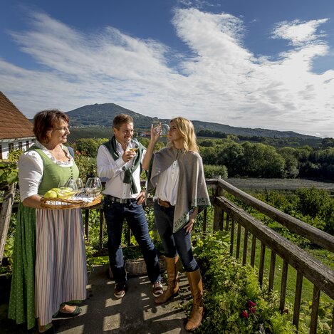 Apfelbrand-Verkostung: Obstbäuerin Josefa Wilhelm lässt ihre Schätze verkosten, nahe Puch bei Weiz an der steirischen Apfelstraße | © STG | Tom Lamm