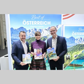 Michael Feiertag (Geschäftsführer STG/Steirische Tourismus und Standortmarketing GmbH), Astrid Steharnig-Staudinger (GF Österreich Werbung) und Klaus Ehrenbrandtner (GF Kärnten Werbung) auf der ITB  | Sascha Radke