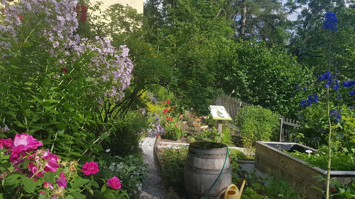 Ein schöner Garten mit bunten Blumen und grünen Pflanzen. Im Hintergrund sieht man ein Hochbeet und eine Gießkanne. | © Naturpark Sölktäler