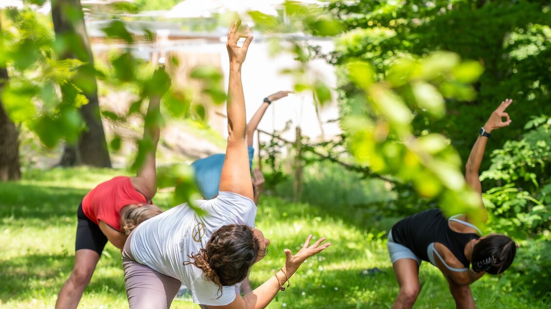 Eine Gruppe von Frauen macht Yoga im Freien auf grüner Wiese. Sie sind in unterschiedlichen Posen und umgeben von Bäumen und Natur. | © RETTER Bio- Natur- Resort