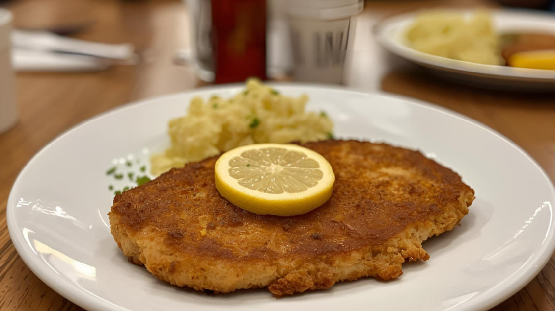 Ein gebratenes Schnitzel mit einer Zitronenscheibe, serviert mit Kartoffelsalat. Der Teller steht auf einem rustikalen Holztisch. | © Tourismusverband Oststeiermark