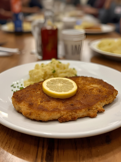 A fried schnitzel with a slice of lemon, served with potato salad. The plate is on a rustic wooden table. | © Tourismusverband Oststeiermark