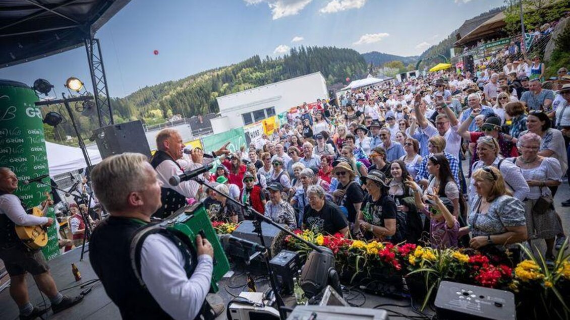 Ein fröhliches Fest mit einer Band auf der Bühne. Viele Menschen tanzen und feiern in einer schönen Landschaft. | © Edlseer Alm BePo