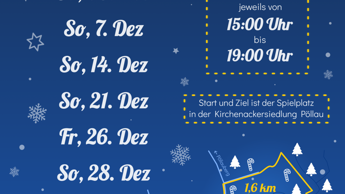 Ein farbenfrohes Plakat für den 4. Pöllauer Adventpfad 2025. Es zeigt Datum, Uhrzeiten und Informationen zu Veranstaltungen wie Glühwein und Keksen. | © Kreativteam