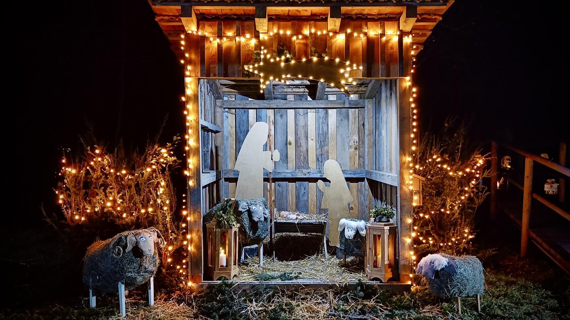 Eine beleuchtete Weihnachtskrippe steht in der Nacht. Neben der Krippe sind dekorative Figuren und Lichter in der Umgebung. | © Angela Geier