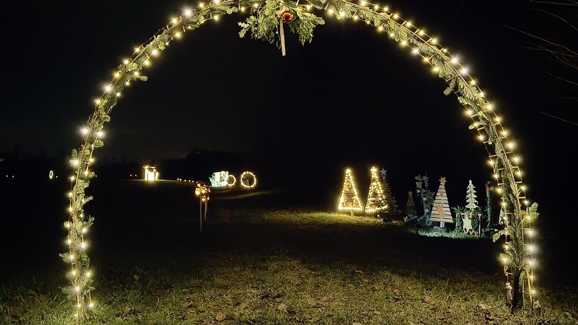 Ein festlich beleuchteter Torbogen aus Lichtern, der in der Dunkelheit strahlt. Im Hintergrund sind geschmückte Weihnachtsbäume zu sehen. | © Angela Geier