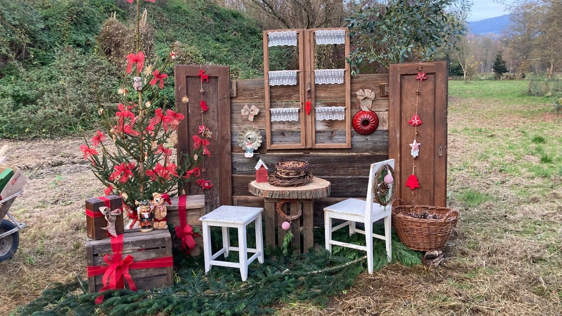 Eine festliche Weihnachtsdekoration mit einem Holzpaneel, geschmückt mit roten Blumen und Baumschmuck. Zwei weiße Stühle stehen neben einem Tisch mit einer Torte und weiteren Dekorationen. | © Angela Geier