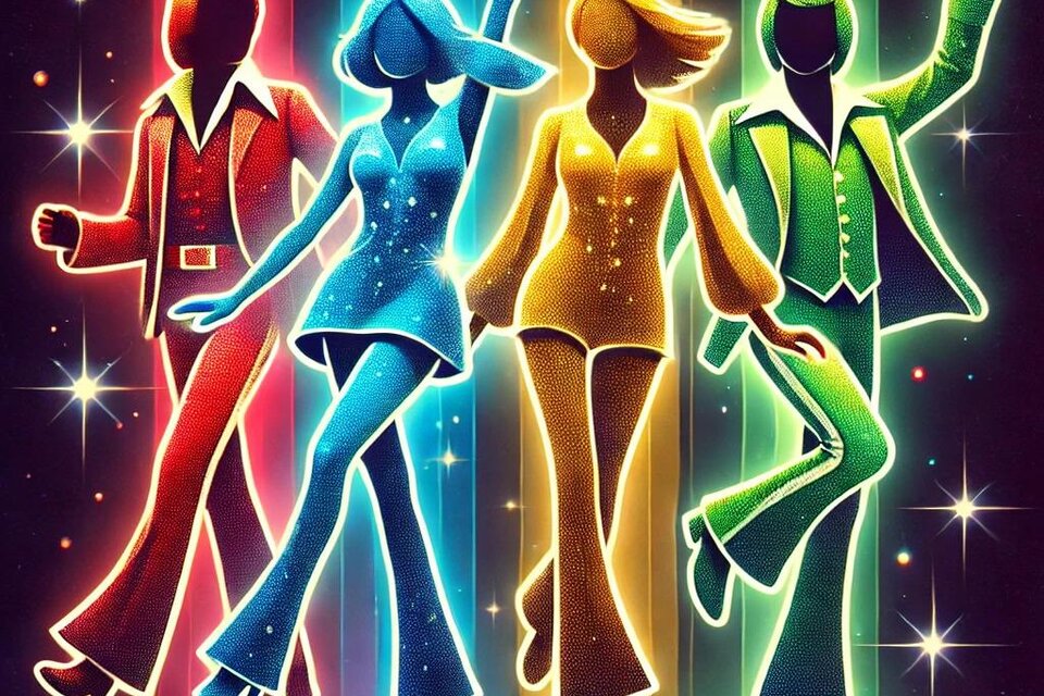 Eine bunte Illustration von vier tanzenden Figuren in stylischer Kleidung. Sie strahlen vor Neonlichtern und vermitteln eine fröhliche, nostalgische Stimmung.