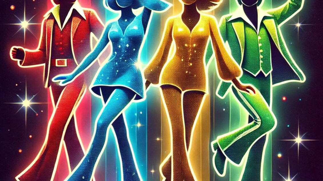 Eine bunte Illustration von vier tanzenden Figuren in stylischer Kleidung. Sie strahlen vor Neonlichtern und vermitteln eine fröhliche, nostalgische Stimmung.