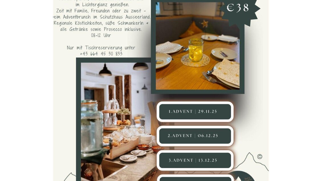 Ein einladendes Restaurant mit rustikalem Ambiente, einer Tafel mit Speisen und Getränken. Es werden Adventsveranstaltungen angeboten, inklusive Terminübersicht und Preis. | © Adventbrunch_2025_Das Schutzhaus_Bad Ausse_Stefanie Pressl