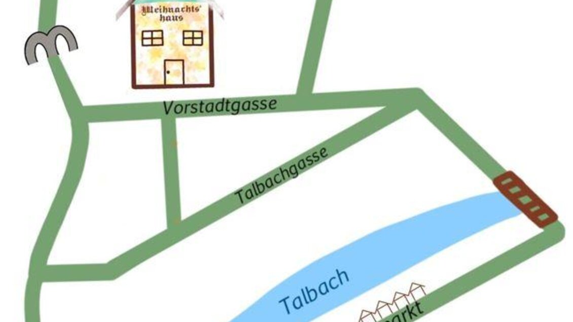 Skizze eines Stadtplans mit Straßen, einem Fluss und einem Weihnachtsmarkt. Das Haus befindet sich in der Vorstadtgasse. | © Bio Hotel Tiefenbach