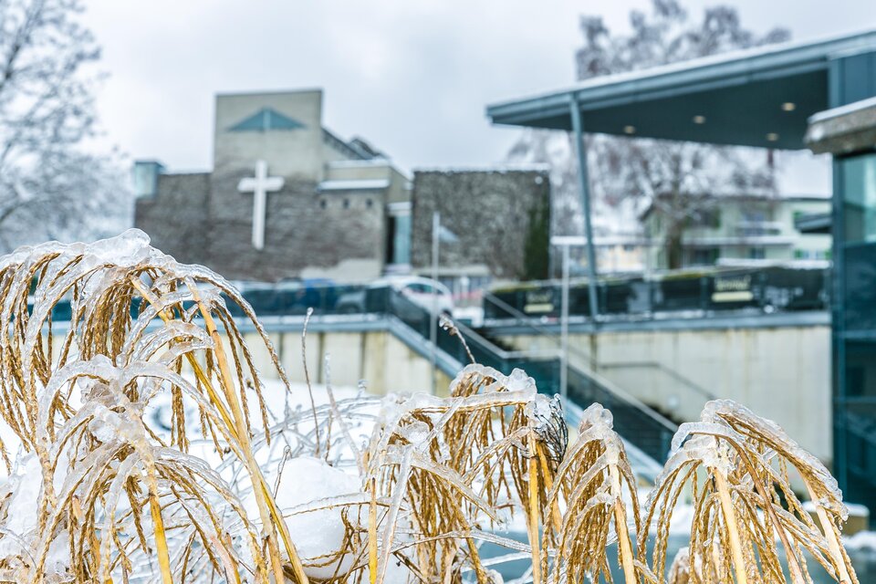 Eine winterliche Szene mit gefrorenen Gräsern im Vordergrund. Im Hintergrund ist ein Gebäude mit einem Kreuz zu sehen. | © MG Lannach - Petru Rimovetz