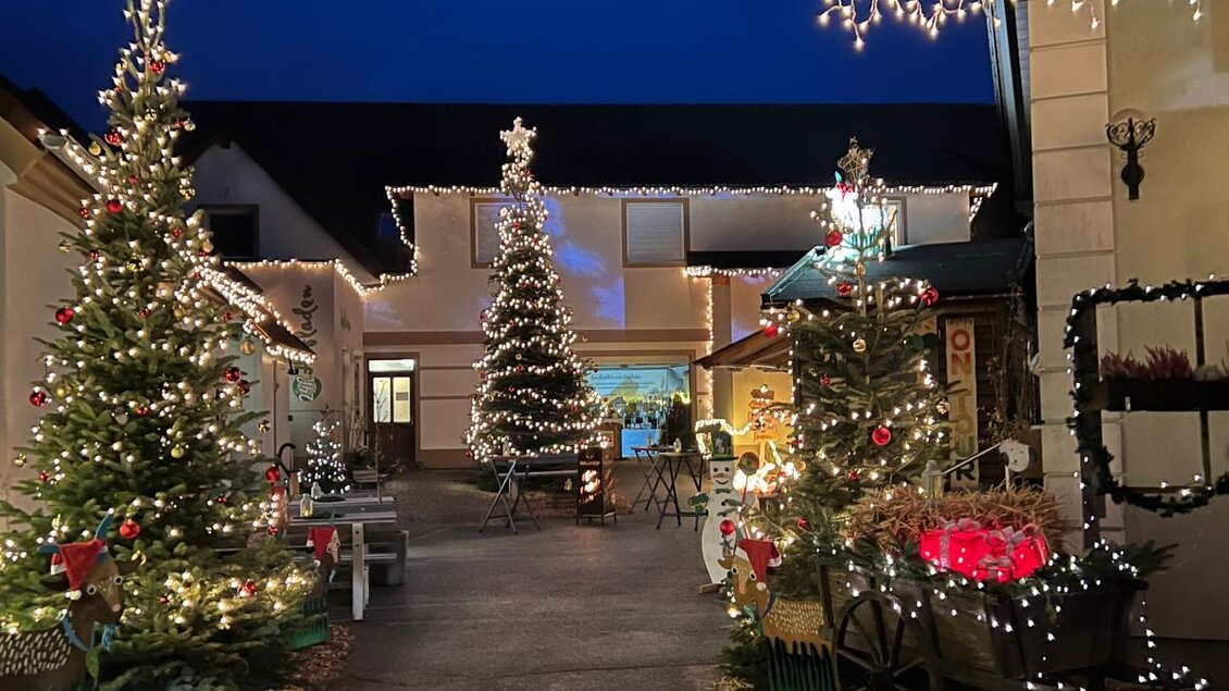 Ein festlich geschmückter Innenhof mit beleuchteten Weihnachtsbäumen und Weihnachtsdekoration. Die Atmosphäre ist stimmungsvoll und einladend in der Dämmerung. | © Malu