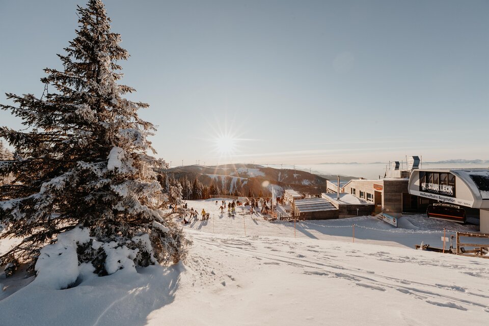 Eine verschneite Winterlandschaft mit einem großen Baum im Vordergrund. Im Hintergrund sind Skifahrer und eine Berghütte mit Sonnenschein zu sehen. | © nicoleseiser.at