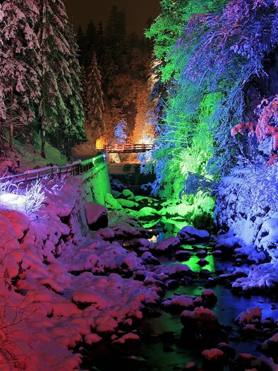 Eine verschneite Landschaft bei Nacht mit bunten Lichtern. Bäume und ein Bach sind in leuchtenden Farben beleuchtet. | © Herbert Raffalt