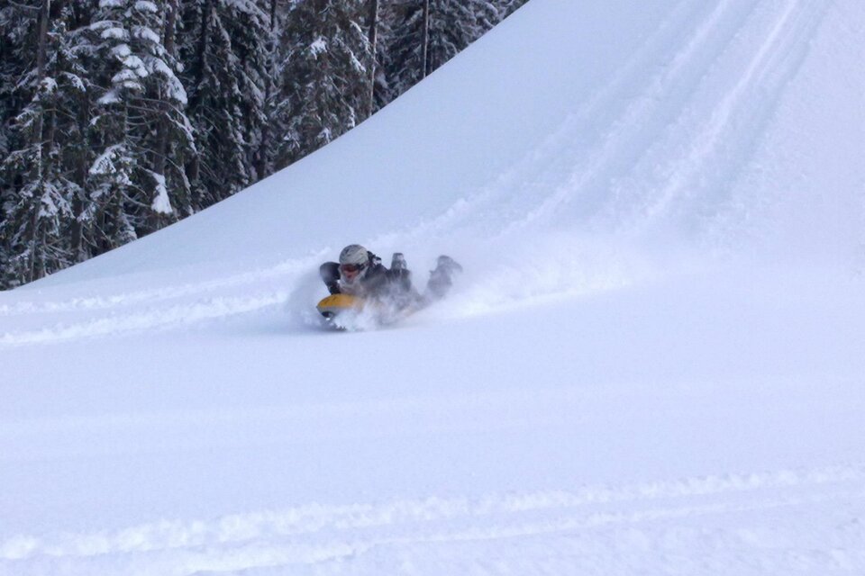 Ein Mensch fährt mit einem Schlitten einen verschneiten Hang hinunter. Umgeben von verschneiten Bäumen genießt er den Winterspaß. | © OCT