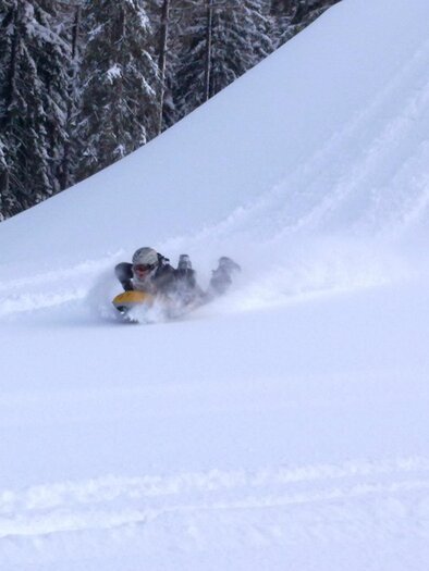 A person is sledding down a snowy slope. Surrounded by snow-covered trees, they enjoy the winter fun. | © OCT