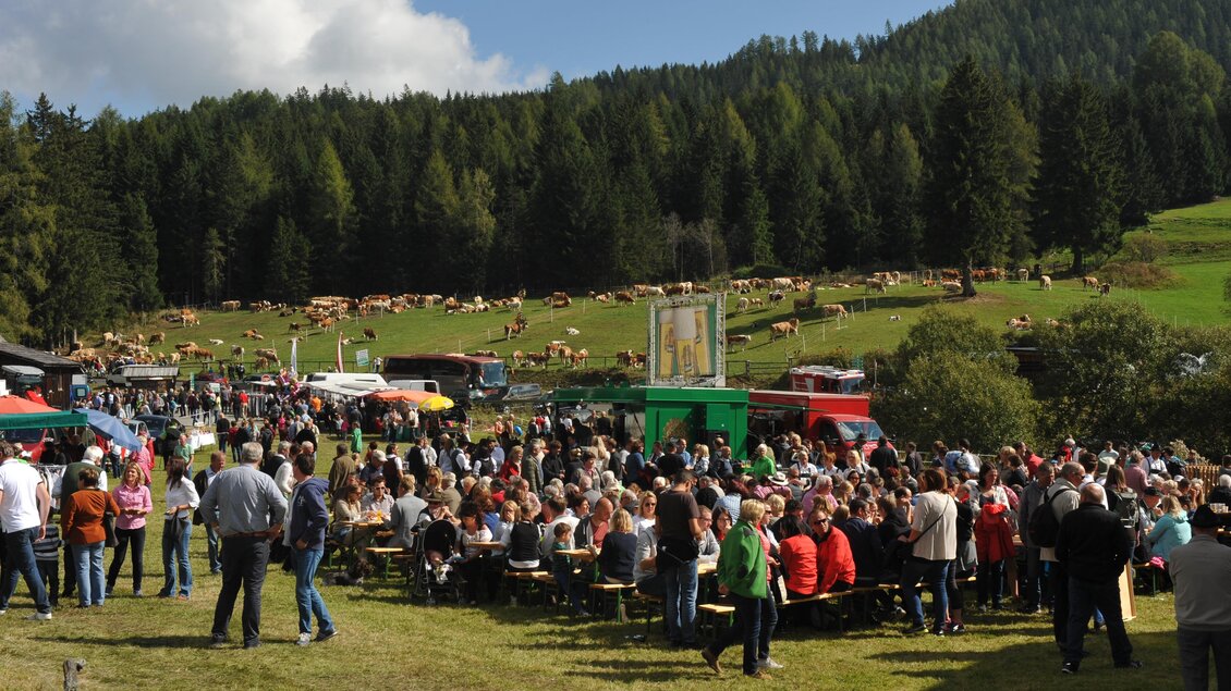 Ein großes Fest mit vielen Menschen, die in der Natur zusammenkommen. Im Hintergrund sind Kühe und Wälder zu sehen. | © Josef Wieser
