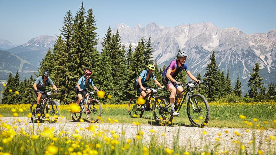 Gruppe von vier Mountainbikern fährt auf einem Schotterweg durch blühende Almwiesen, im Hintergrund die Dachstein-Bergkulisse. | © Sportograf