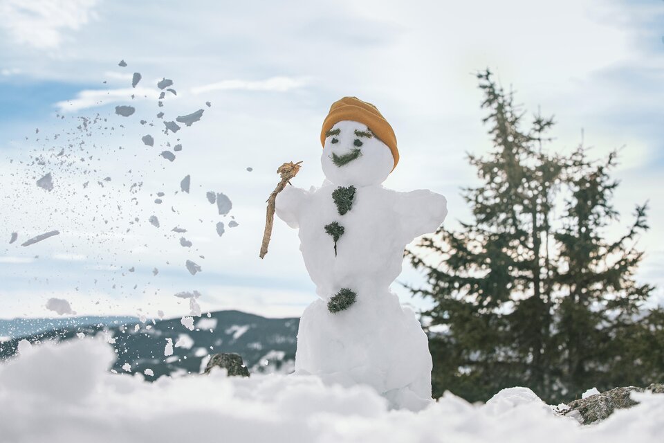 Ein fröhlicher Schneemann mit einer orangefarbenen Mütze steht in einer schneebedeckten Landschaft. Im Hintergrund sind grüne Tannenbäume und ein klarer Himmel zu sehen. | © Lupi Spuma