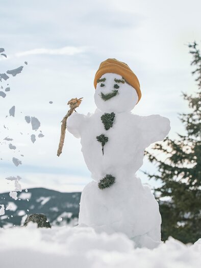 A cheerful snowman with an orange hat stands in a snow-covered landscape. In the background, green fir trees and a clear sky can be seen. | © Lupi Spuma