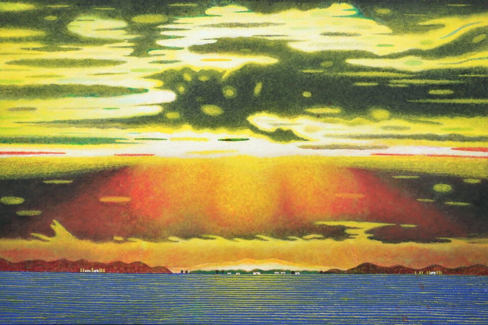 Farbintensives Gemälde mit Sonnenuntergang über Wasser, Teil der Ausstellung „Zeitreisende“ im Kunsthaus Köflach | © Agathon Koren