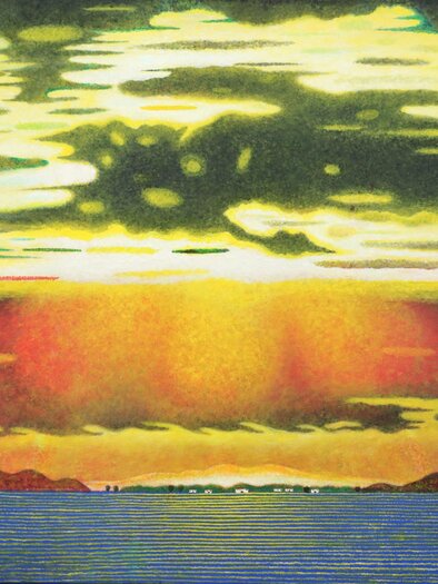 Farbintensives Gemälde mit Sonnenuntergang über Wasser, Teil der Ausstellung „Zeitreisende“ im Kunsthaus Köflach | © Agathon Koren