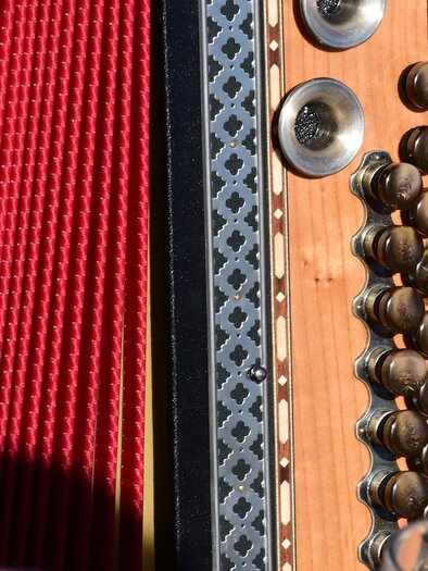 A closer look at an accordion being played by a hand. The red folds and silver buttons are clearly visible. | © TV Südsteiermark - Adobe Stock/Wolfgang Spitzbart