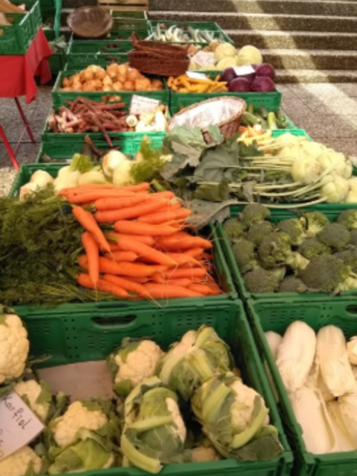 Eine bunte Auswahl an Obst und Gemüse auf einem Bauernmarkt. Im Vordergrund sind Äpfel und frisches Grün zu sehen. | © KK