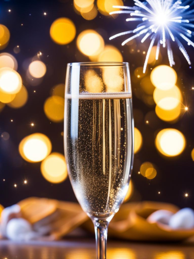 Ein elegantes Glas mit Sprudelwasser vor einem verschwommenen Hintergrund aus bunten Lichtern. Funken und ein Feuerwerk verleihen der Szene eine festliche Atmosphäre. | © pixabay.com