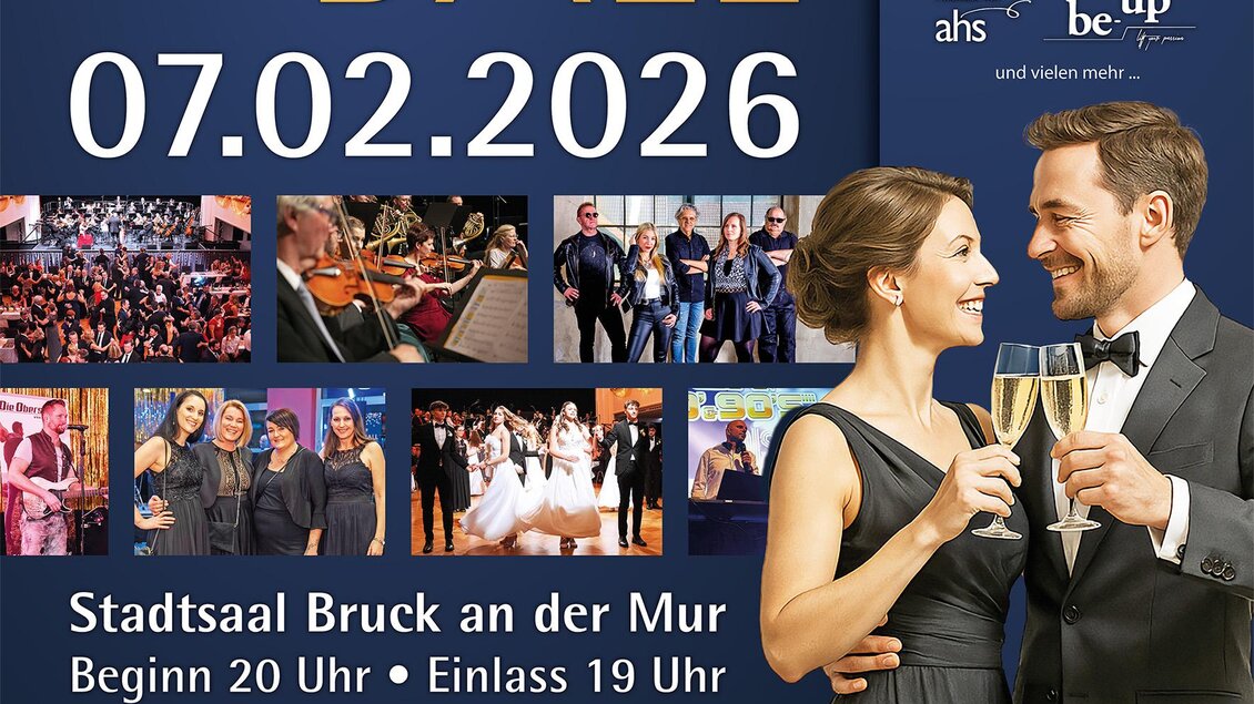 Ein farbenfrohes Plakat für den Brucker Stadtball am 07.02.2026. Es zeigt elegante Tänzer und enthält Informationen zu Ort und Ticketverkauf. | © Rotes Kreuz