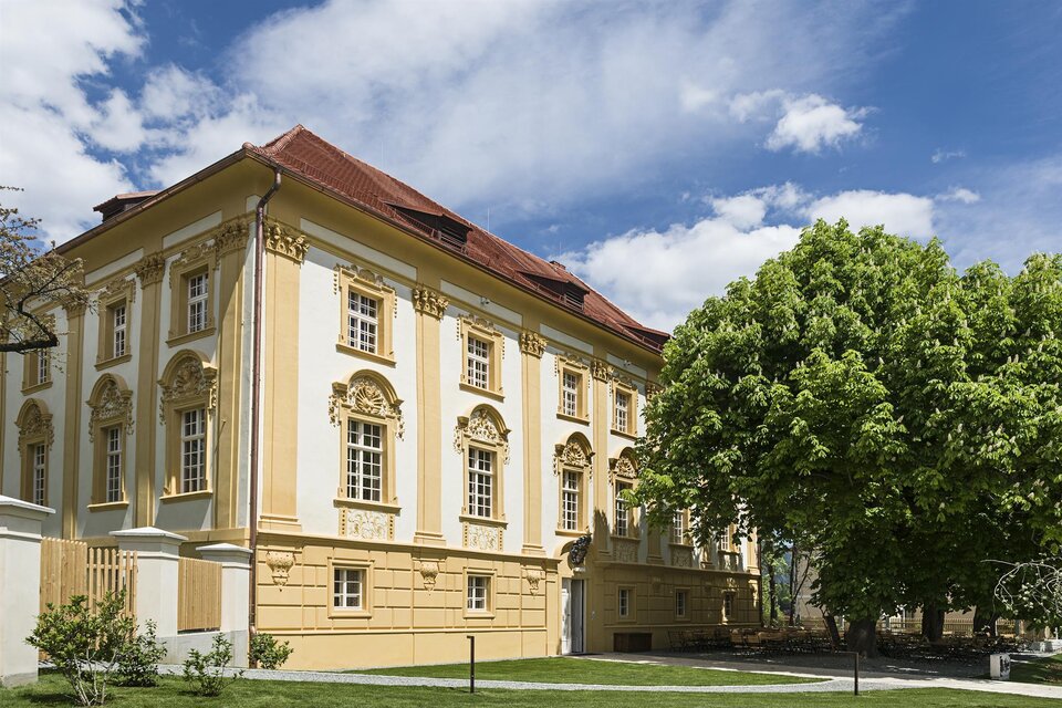 Ein historisches Gebäude mit yellowfarbenen Wänden und kunstvollen Details. Im Vordergrund befindet sich ein großer, grüner Baum und ein klarer Himmel. | © Tauroa GmbH